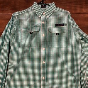 Green and white plaid button down